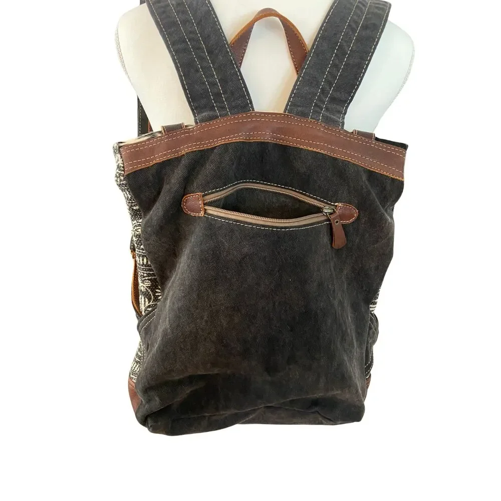Myra Bag Cowhide Leather Canvas Backpack Brown Ivory Gray Multi Pocket
